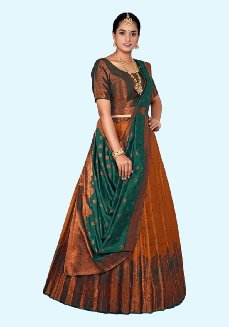 Musterd And Green New Semi Stitiched Banarasi Lehenga Choli