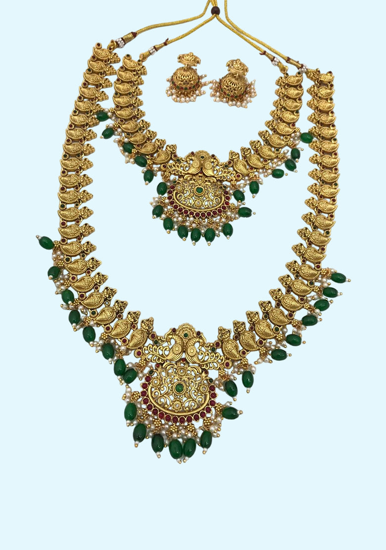 Traditional Gold Platted Matte Finish Laxmi Design Long Necklace Haram Set Along With Green And White Pearls (Drops) Paired With Earrings For Women And Girls Jewellery Set.