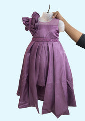 The Magic Wand Solid Satin Sleeveless One Shoulder Ruffels Embelished Party Wear Dress For Girls-Onion Pink