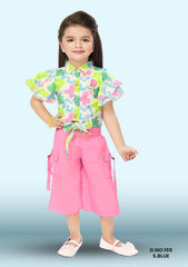 Floral Printed Frilled Off-shoulder Top With Cullotes Set D.no:159 S.Blue