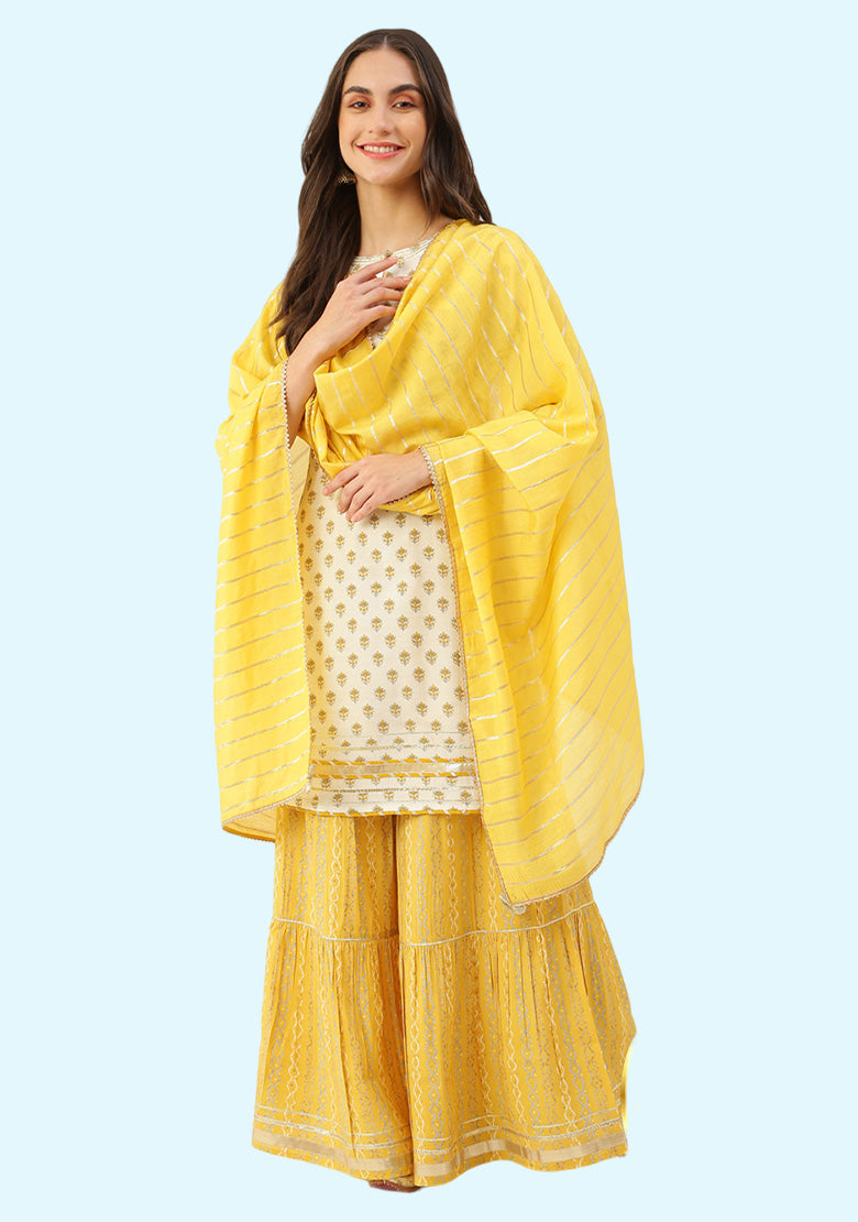 Women’s Chanderi Printed Occasion Wear Kurti and Garara Set-Yellow