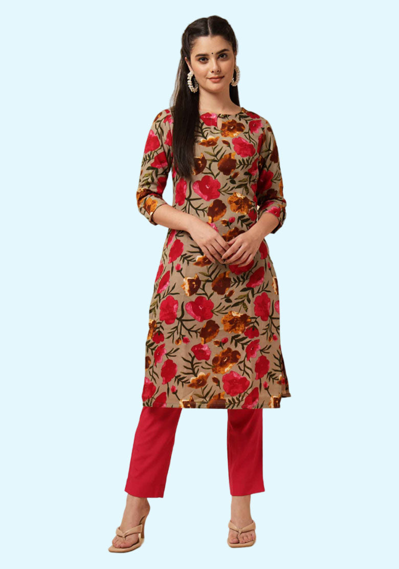 Women Floral Print Pure Cotton Straight Kurta  (Pink)