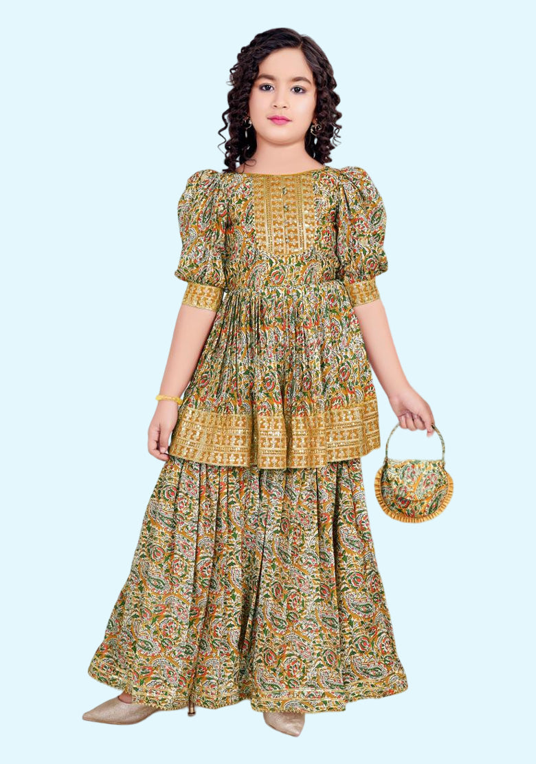 Gold Bandhani Printed &Sequins Embroidery Puff Sleeve Pleated-Style Readymade