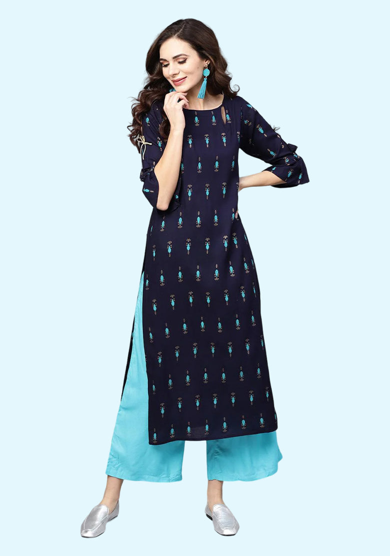 Blue Printed Rayon Straight Kurta With Palazzos