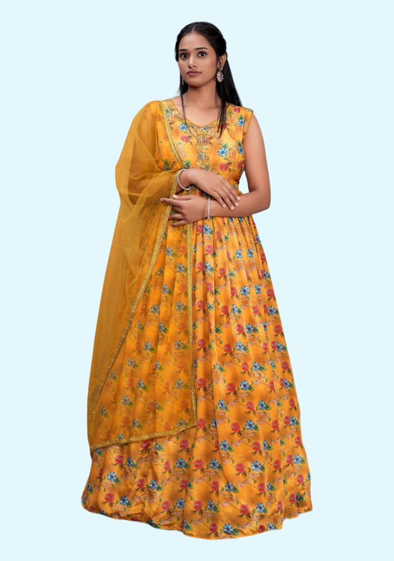 Latest New Musterd Yellow Alia Cut Gown with Dupatta for Girls