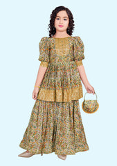 Gold Bandhani Printed &Sequins Embroidery Puff Sleeve Pleated-Style Readymade