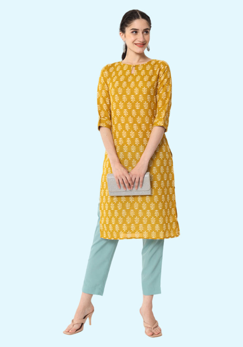 Women Colorblock Cotton Rayon A-line Kurta  (Yellow)