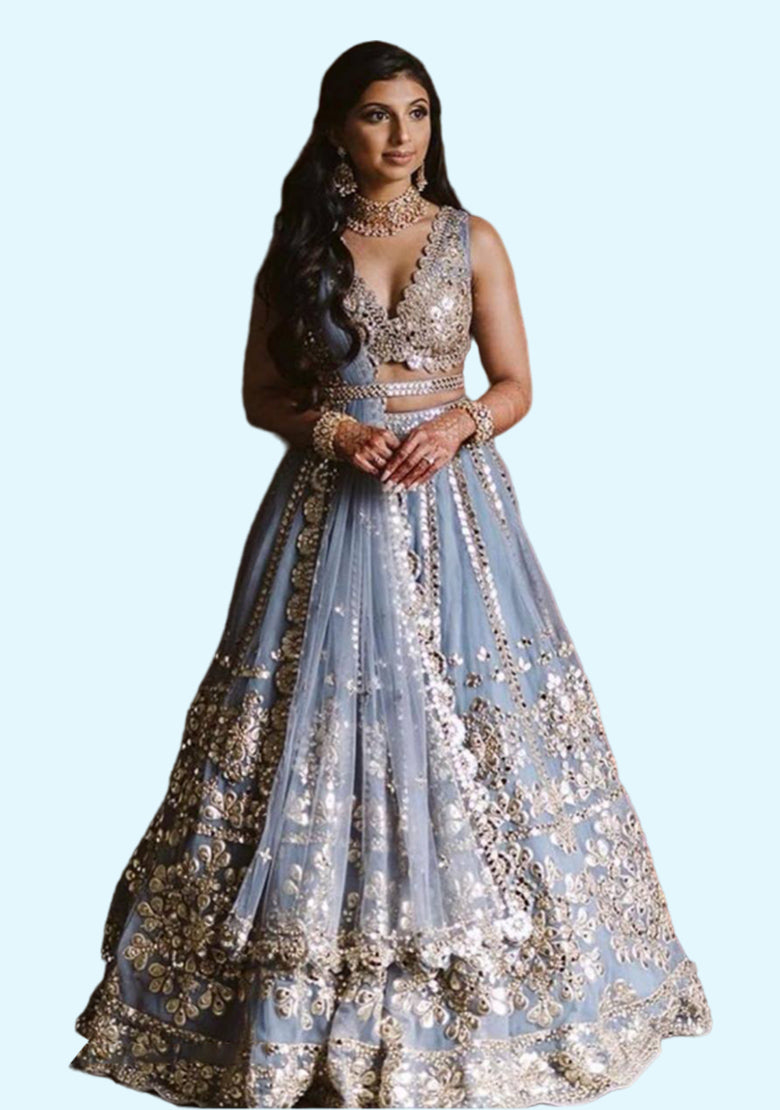 Gorgeous Sky Blue Zari Work Net Wedding Wear Lehenga Choli