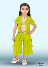 Overcoat With Top And Tassel Work Shorts Set For Girls D.no:9195 Green, Pink
