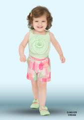 Single Jersey Sleeveless Floral Printed Top With Bow & Shorts Set With Embroidery D.no:125 Cream