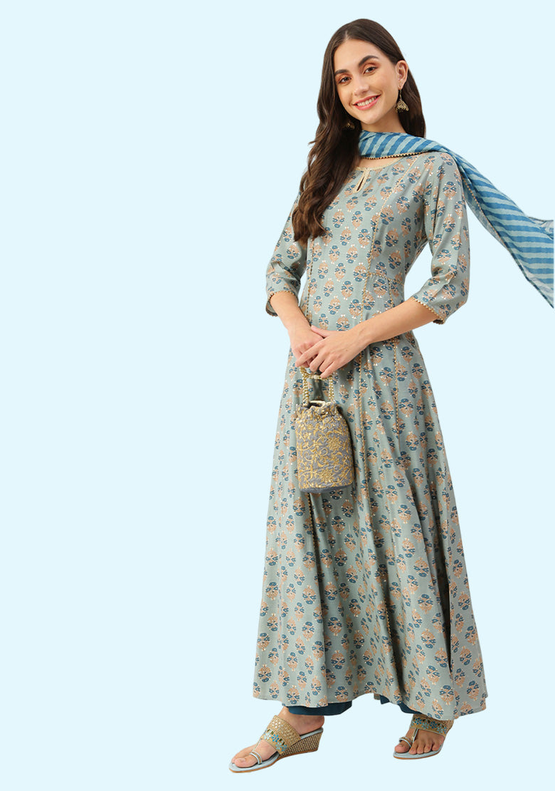 Teal Blue Key Hole Chanderi 2 Piece Setkurta+dupatta