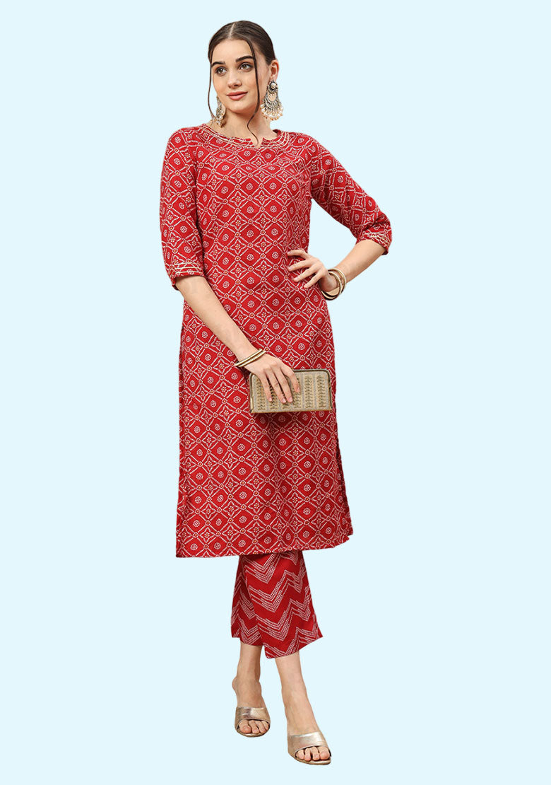 V-neck Calf Length Poly Rayon Kurta With Pant