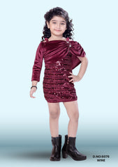 One Shoulder Sleeves Bow Applique Detailed Sequins Embellished Dress D.no:6076 Wine