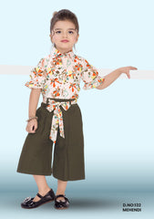 Printed Top And Wide Legged Pant Set With Hand Bag For Girls D.no:132 Mehendi