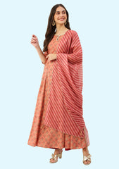 Women’s Chanderi Printed Occasion Wear Long Anarkali kurta with Dupatta Set- Peach