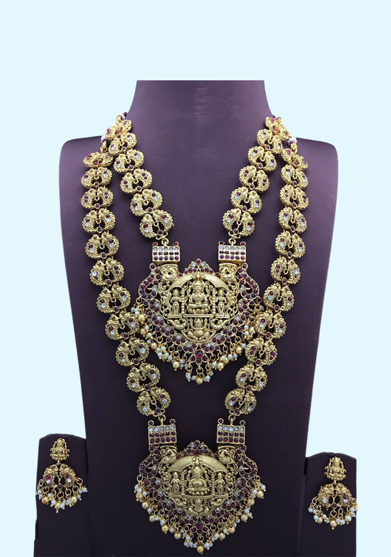 Traditional Combo Jewellery Set With 1 Long Necklace Set 1 Short Necklace Set Along With White Pearls Paired Earrings For Women And Girls Jewellery Set.