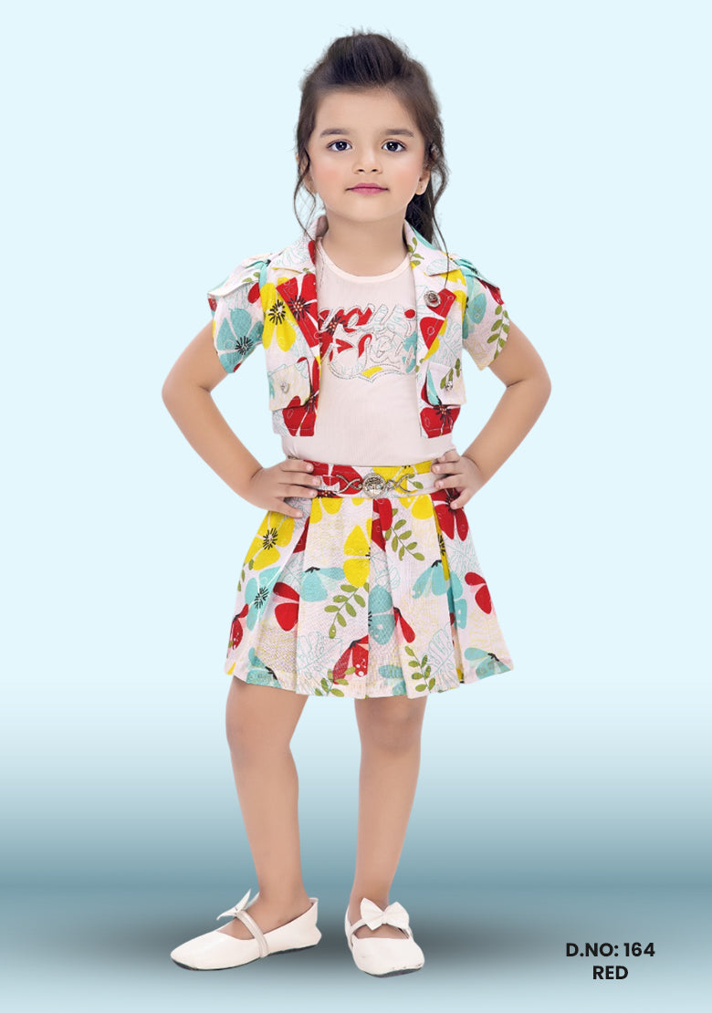 Girls Floral Printed Top With Skirt D.no: 164 Red