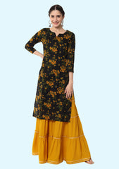 Women Floral Print Pure Cotton Straight Kurta  (Black, Yellow)