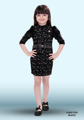Girls Embellished Puff Sleeves Bows Detailed Sequined Velvet Sheath Dress D.no:7134 Black
