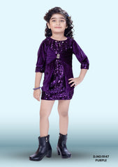 Girls Purple Full Sleeve Midi Above Knee Length Party Dress D.no:9147