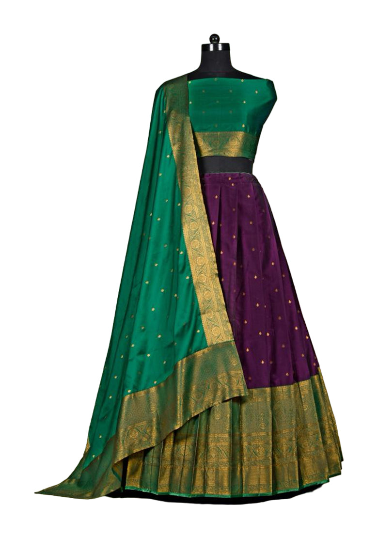 Girls wine and green Semi Stitched Lehenga with Dupatta