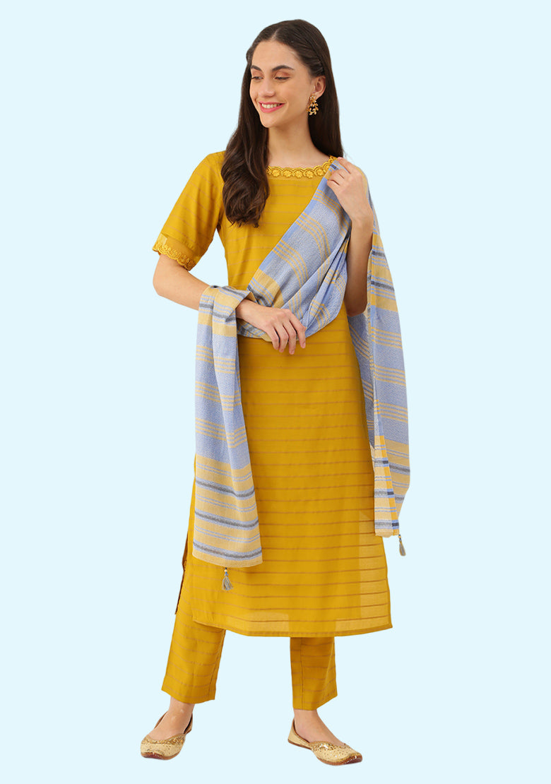 Mustard V-neck Calf Length Liva 3 Piece Setkurta+pant+dupatta