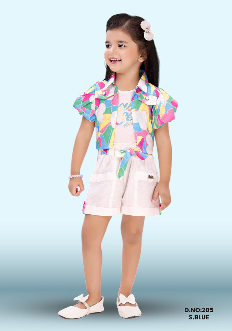 Printed Top With Shorts Sets For Girls D.no:205 S.blue