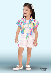 Printed Top With Shorts Sets For Girls D.no:205 S.blue