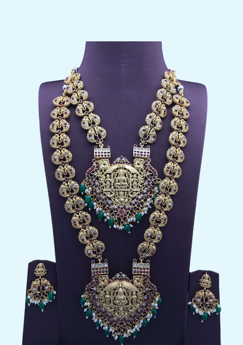 Laxmi Design Short And Long Necklace Combo Set Along Green And White Pearls Paired With Earring For Women And Girls Jewellery Set.