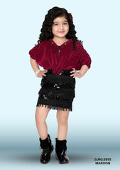 Maroon With Black Sequins Work Knee Length Frock For Girls D.no:2892