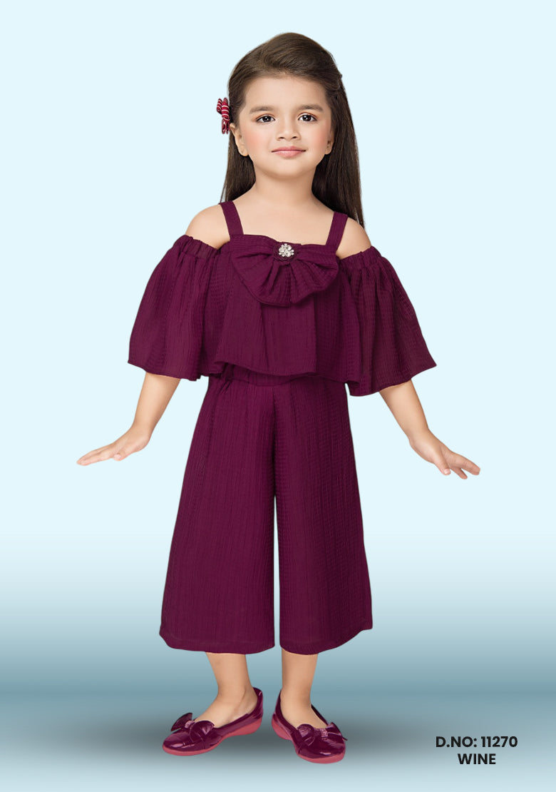 Girls Off-shoulder Basic Jumpsuit With Ruffles D.no: 11270 Wine