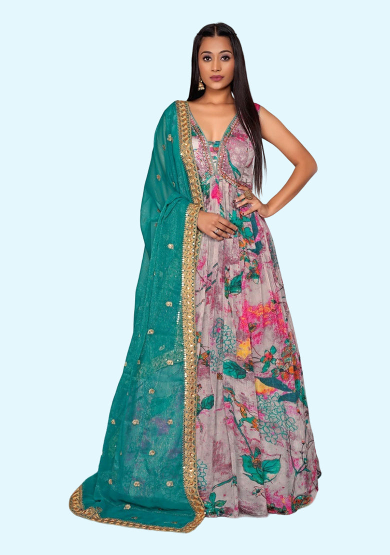 Latest New Grey and Rama Alia Cut Gown with Dupatta for Girls