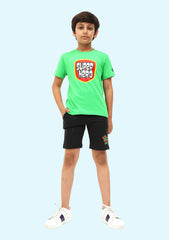 Super Hero Printed Neon Green T-Shirt with black shorts