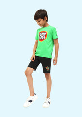 Super Hero Printed Neon Green T-Shirt with black shorts