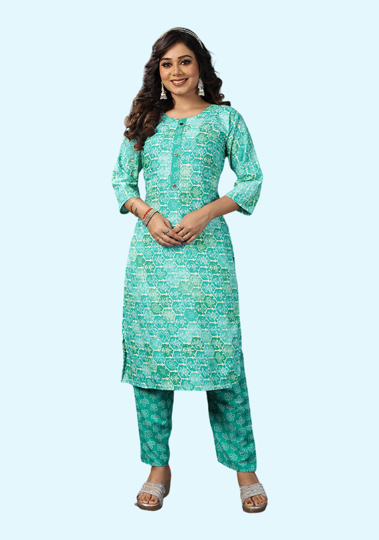 Round Neck Floral Print Rayon Kurta Pant Set for Womens