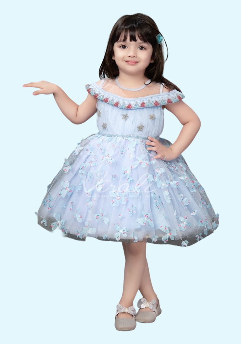 Steel Blue Floral Designer Tutu Party Frock For Baby Girls