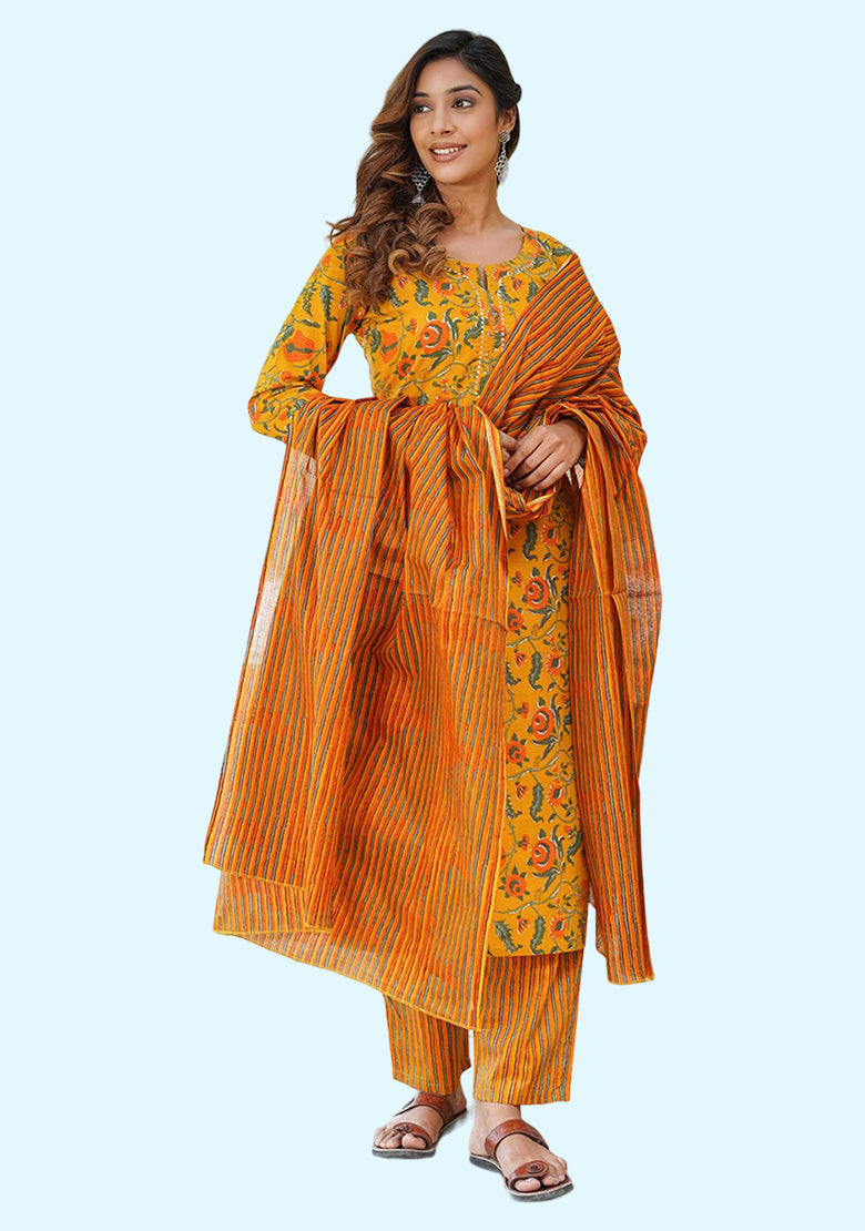 Cotton Women Kurta With Pant & Dupatta