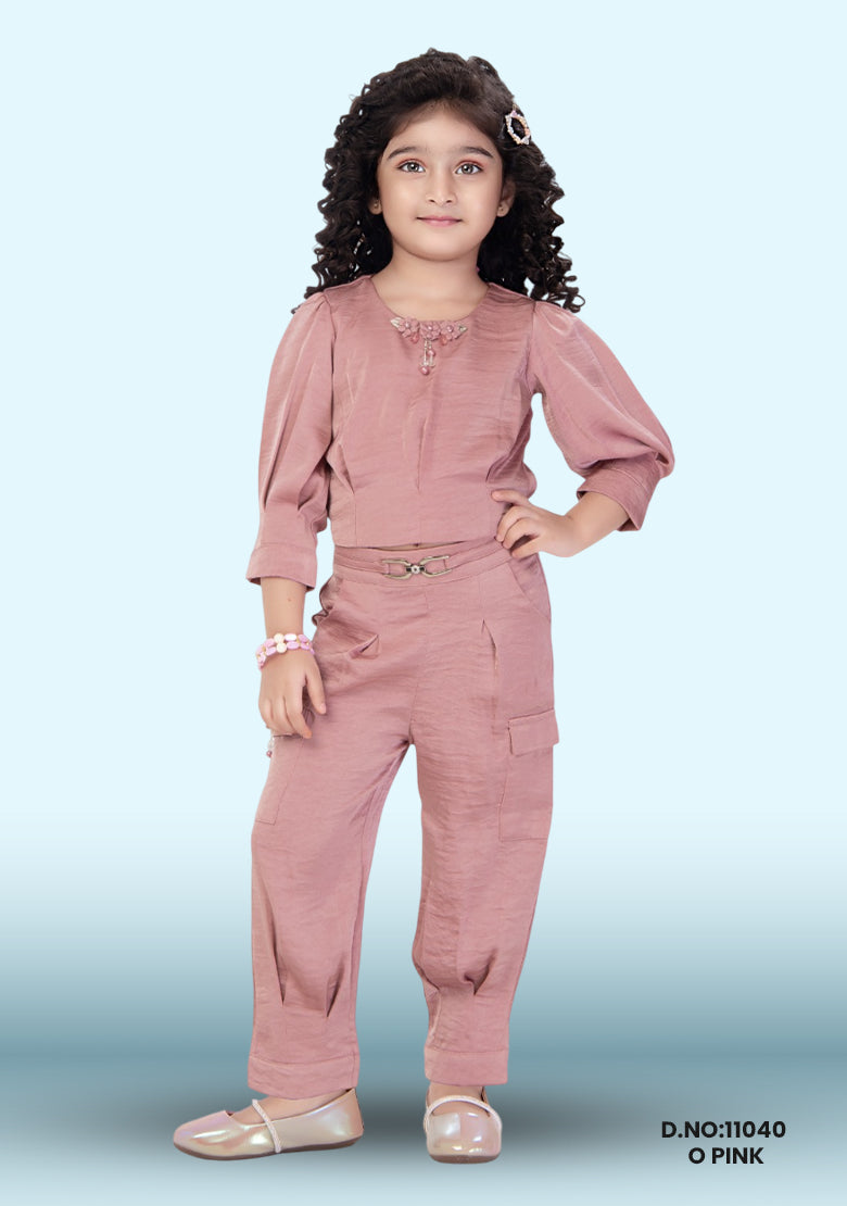 Girls Floral Embroidered Shirt Collar Top & Trousers With Jacket D.no:11040 O Pink