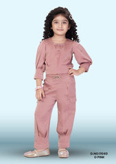 Girls Floral Embroidered Shirt Collar Top & Trousers With Jacket D.no:11040 O Pink