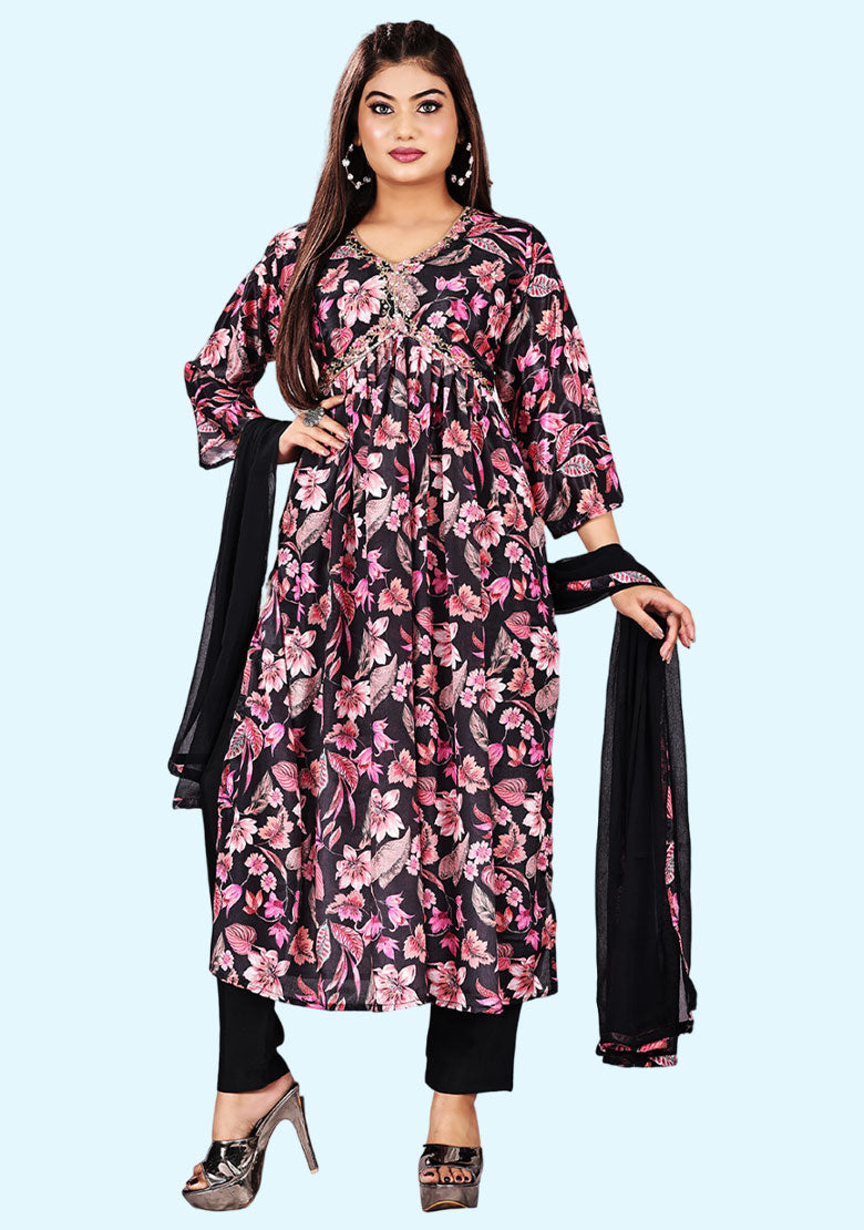 Floral Print Kurta, Palazzo & Dupatta Set