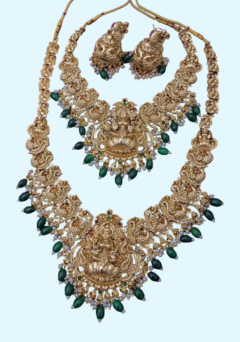 Necklace (Haram) Set With Green And White Pearls (Drops) Paired With Earrings For Women And Girls Jewellery Set.