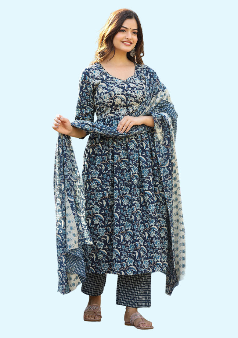 Womens Navy Blue Cotton Kurta Pant Set with Dupatta