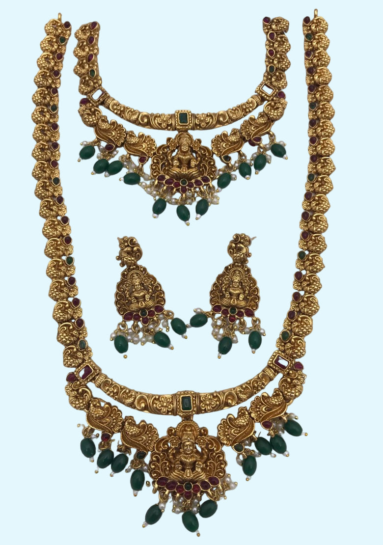 Short And Long Necklace Combo Set Along Green And White Pearls Paired With Earring For Women And Girls Jewellery Set.