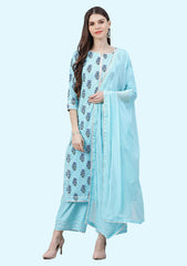 Women's Rayon Solid Straight Kurti Palazzo Pants Set with Dupatta