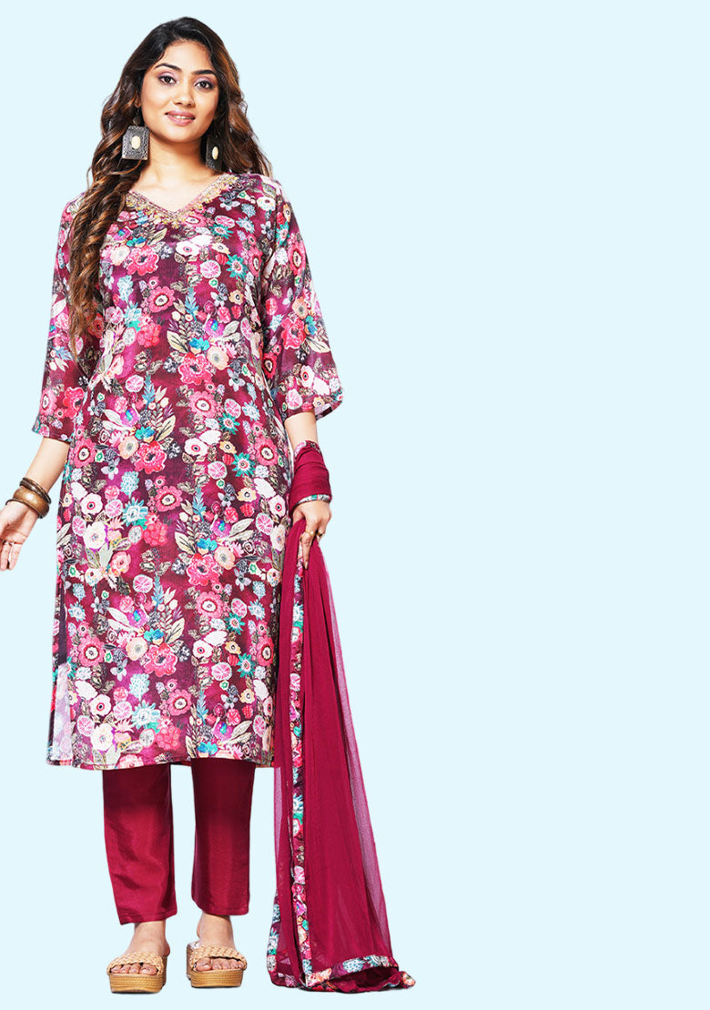 Women Floral Print Straight Kurta with Pants & Dupatta