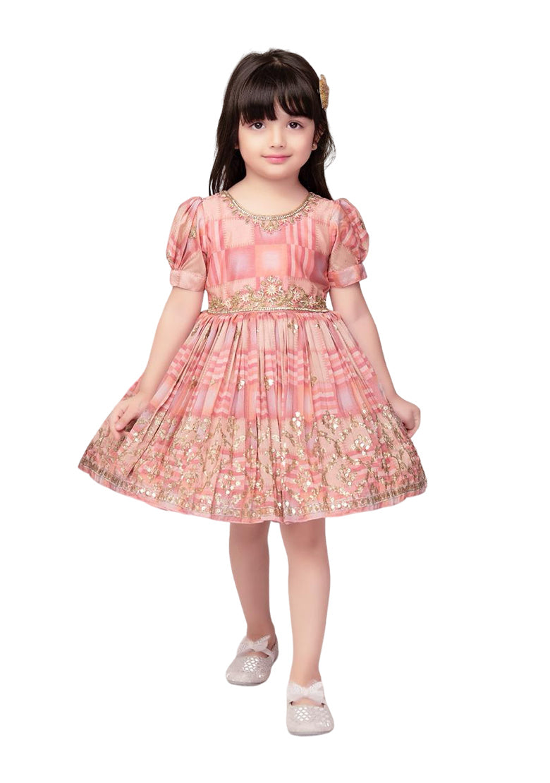 Gleaming Pink Allure Geometric Printed Frock with Zari & Sequin Embellishments for Girls- Trendy Silk Frock Designs