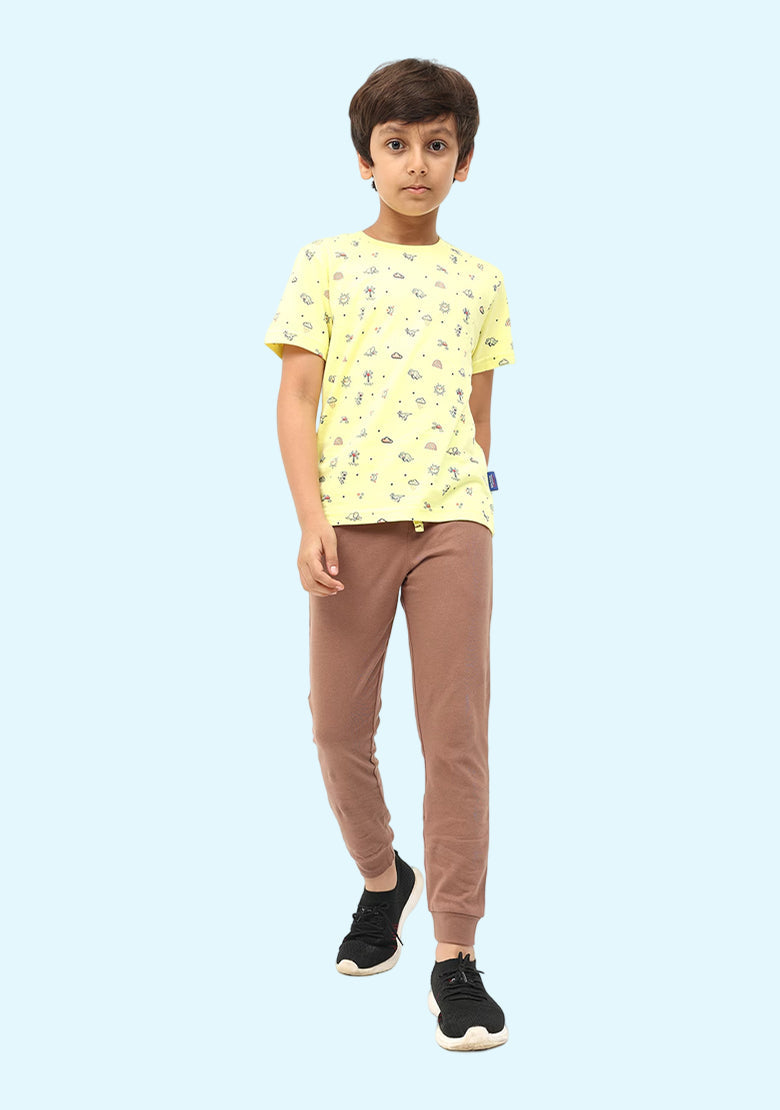 Teen Jurassic Print T Shirt with Brown Pants