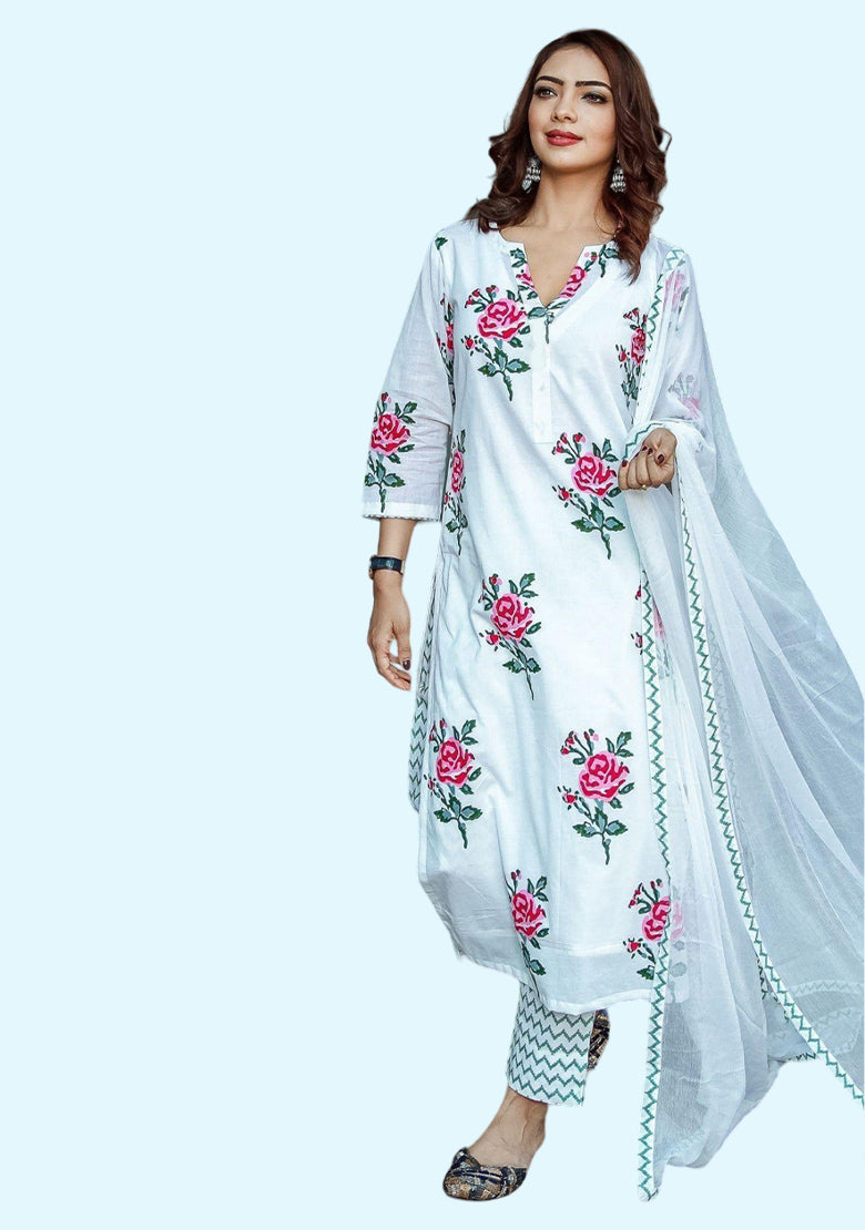 Pure Cotton Printed Straight Kurta With Pant & Dupatta Set