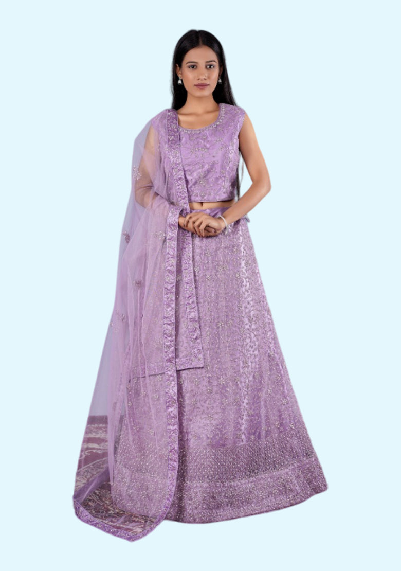 Embroidered Semi Stitched Lehenga Choli (Light Purple)