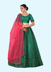 Bottle Green Net Embroidery Work Lehenga Choli With Dupatta